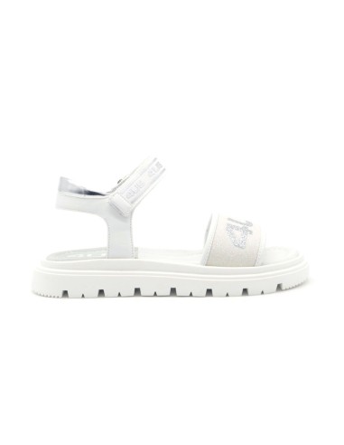 Sandalias de niña 4US by Paciotti con múltiples logos y banda de purpurina
