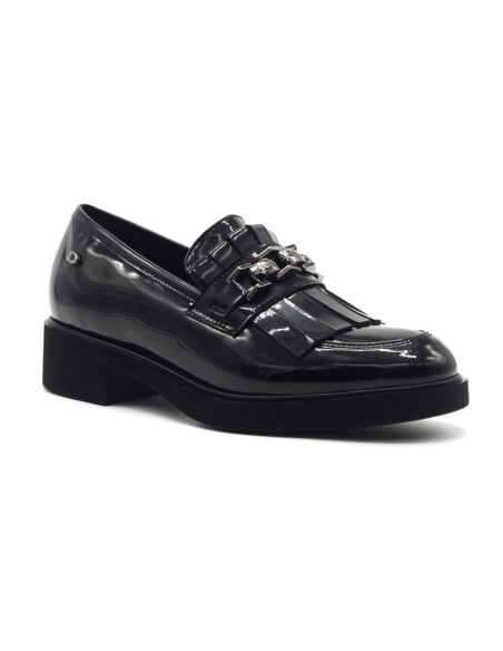 Donna Serena Black mocassins femme vernis avec pompons